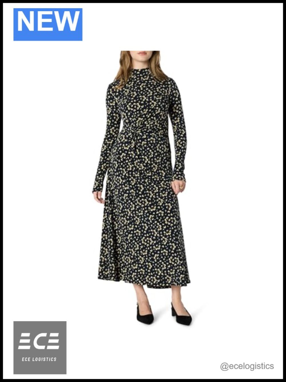 Women's Fit and Flare Stretch Jersey Long Sleeve Maxi Dress Mock Neck